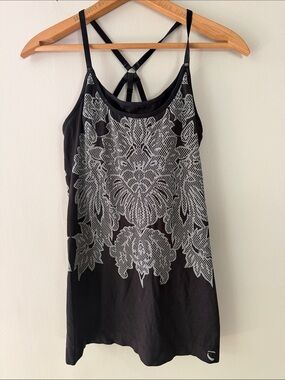 Black Strappy Tank Top with White Floral Lace-Style Print